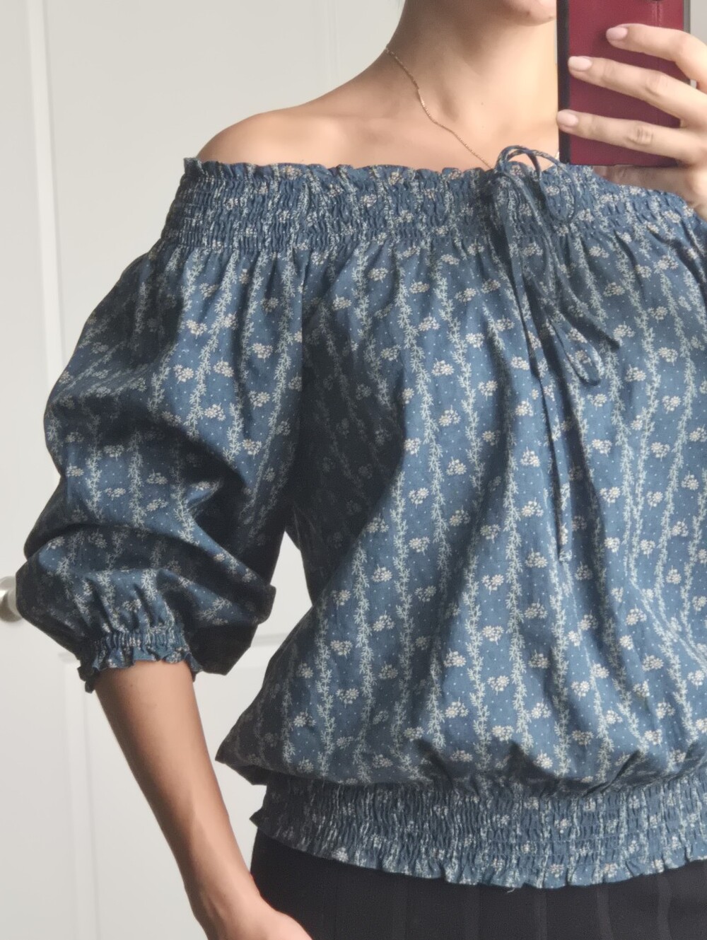 Ralph Lauren Jeans Cottagecore Blouse Off Shoulder, Size Small, Blue, Floral